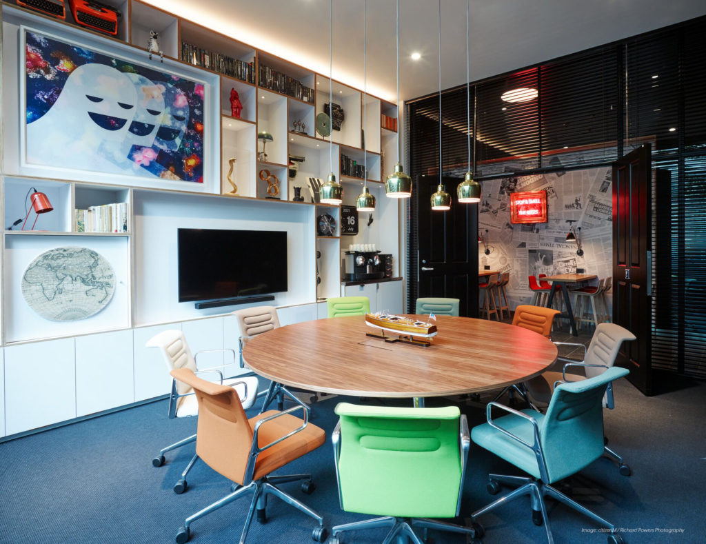 Interior shot of a small conference room for the citizenM Hotel DTLA